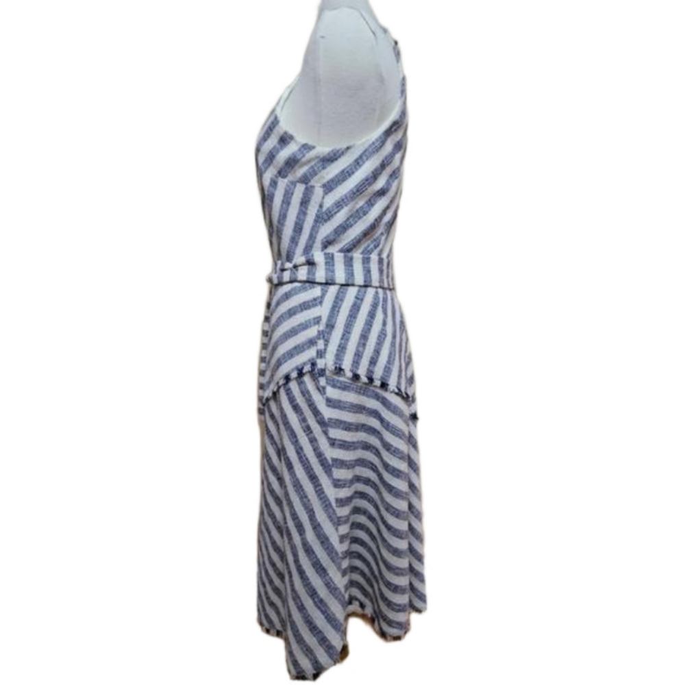 Banana Republic Tweed Tassle Asymmetrical Hem Belted Blue/Cream Stripe Dress 2 - Picture 3 of 7